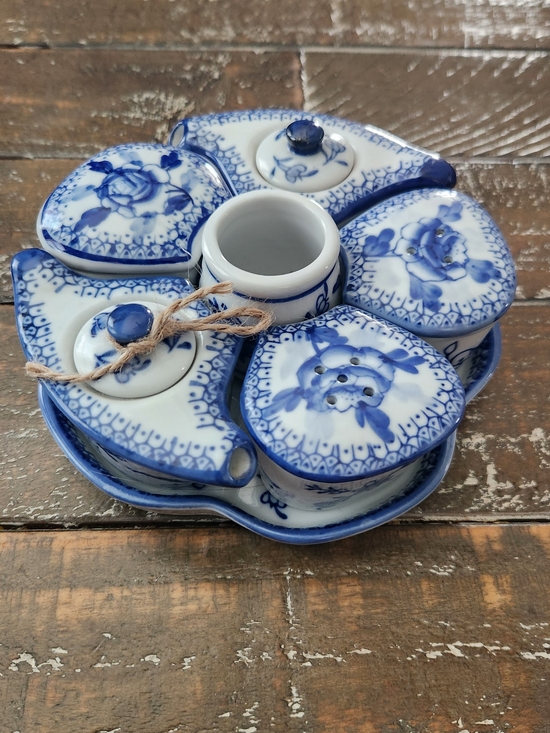 Other - Blue and White Ceramic Condiment Set - Porcelain Spice Server No Chips.